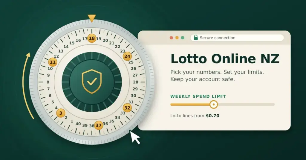 Illustration of a safe combination dial numbered 1 to 40 with six Lotto numbers highlighted in gold and a security shield at its centre, beside a secure browser window titled "Lotto Online NZ" with a weekly spend limit slider and Lotto lines from $0.70.