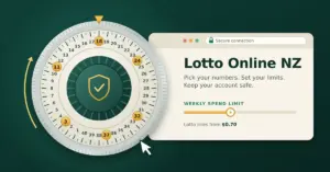 Illustration of a safe combination dial numbered 1 to 40 with six Lotto numbers highlighted in gold and a security shield at its centre, beside a secure browser window titled "Lotto Online NZ" with a weekly spend limit slider and Lotto lines from $0.70.